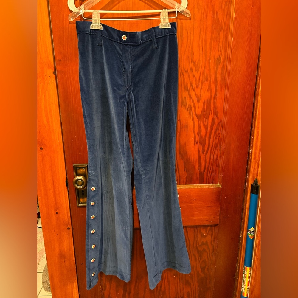 Vintage 70s Blue Flare Velvet Pants with floral button detail
